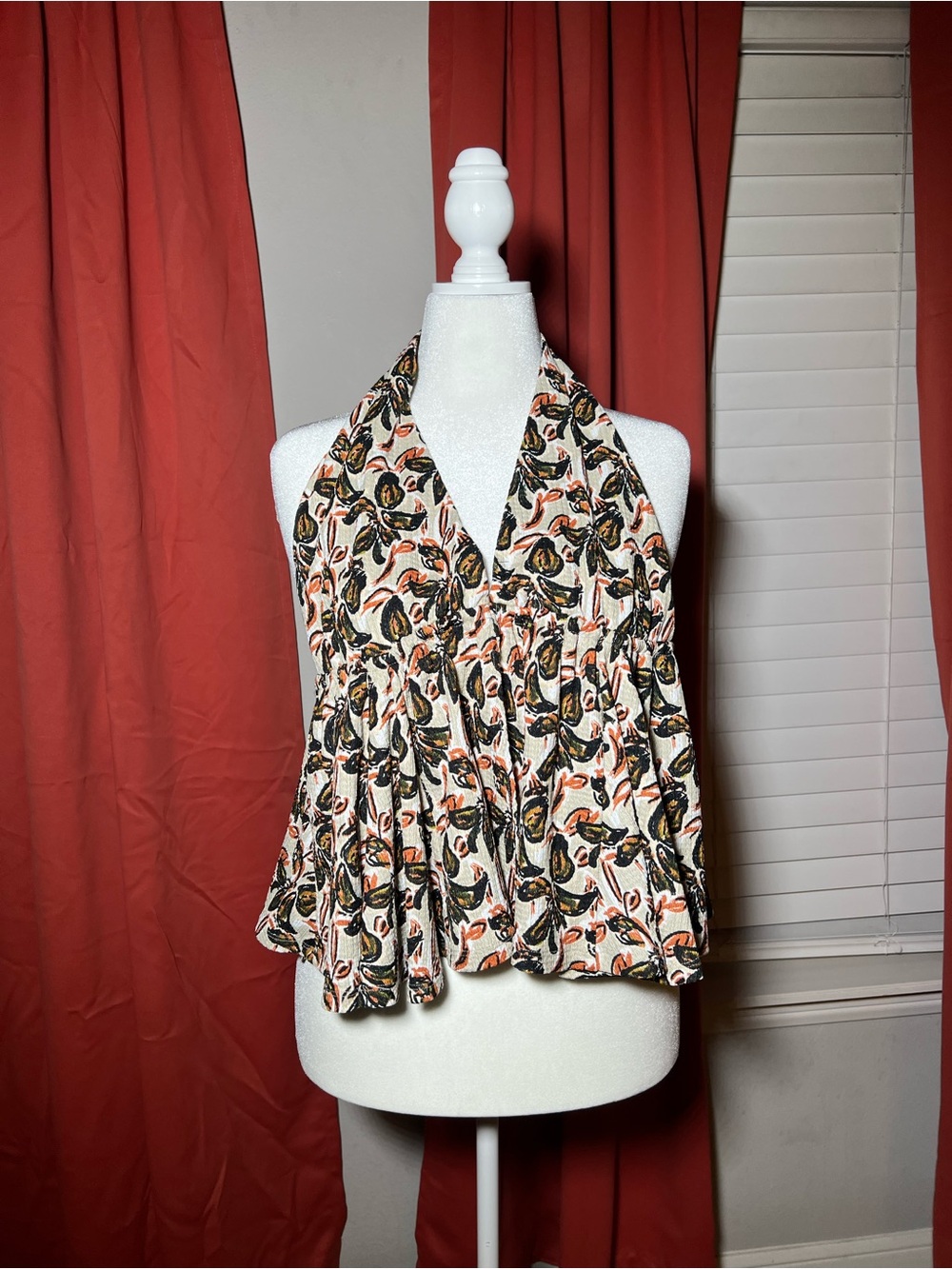 Zara Cream Halter Camisole with Black and Orange Floral Print